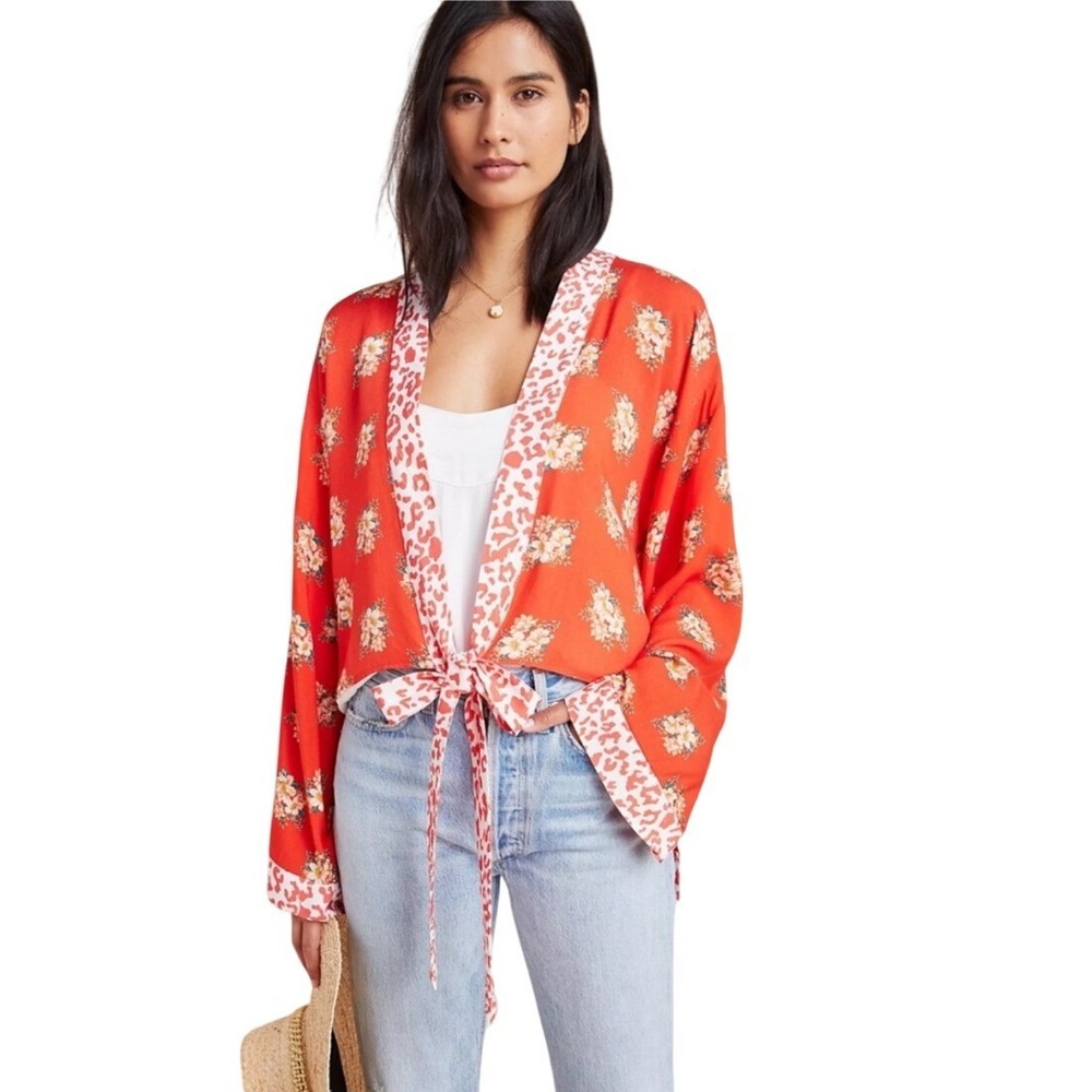 Farm‎ Rio x Anthropologie Coral Kimono Wrap Top Floral Leopard Boho OSFM O/S NEW